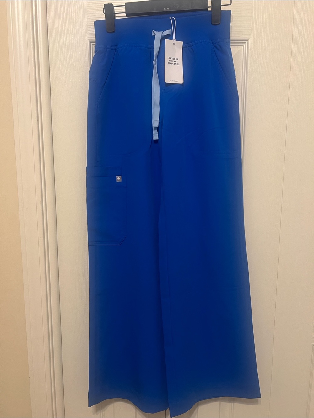 Figs Isabel Wide-Leg scrub Pants - Royal Blue with Light Blue Drawstring